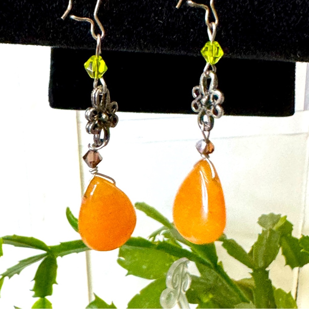 Hand made Dangling Earings Yellow Orange Jasper stone on a antique silver